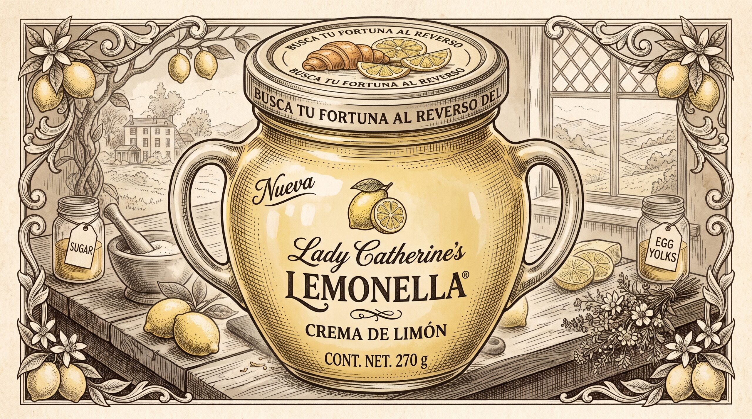 Ilustracion vintage de frasco de crema de limon Lady Catherines Lemonella 270g