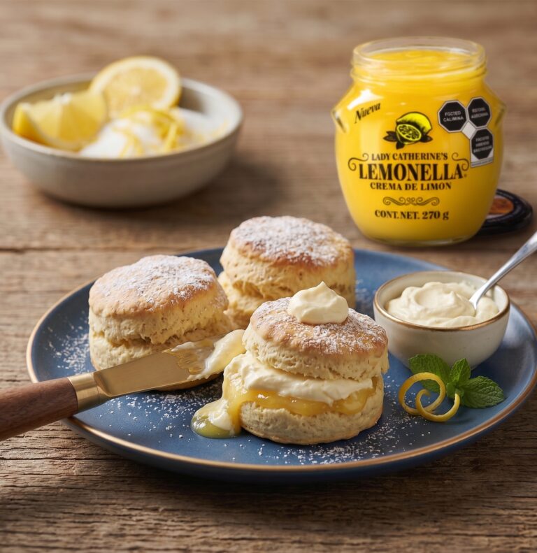 Scones ingleses tradicionales servidos con crema de limon Lemonella