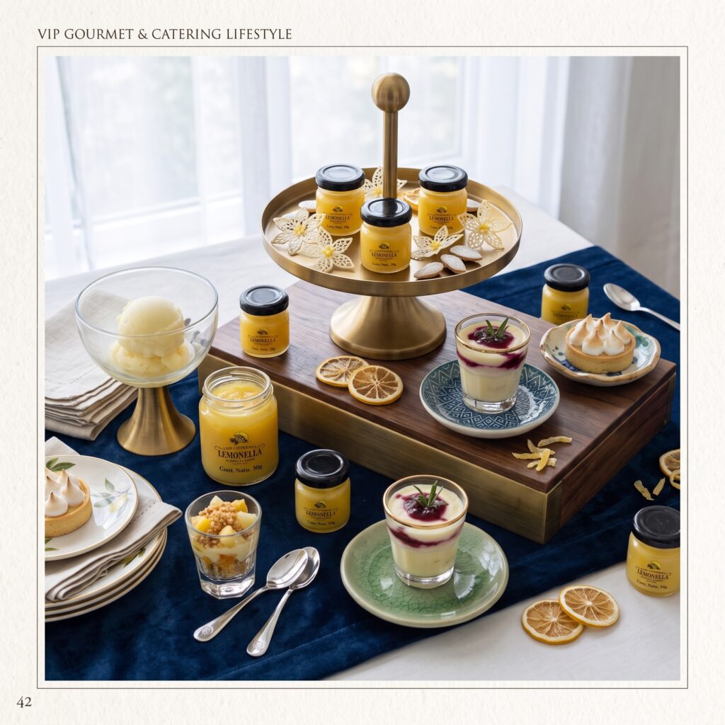 Montaje de postres catering y room service con frascos crema de limon Lemonella 38g