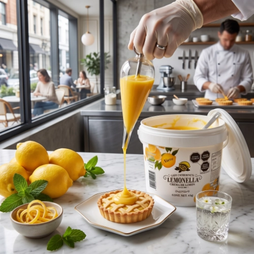 Chef aplicando crema de limon Lemonella con manga pastelera en tartas gourmet