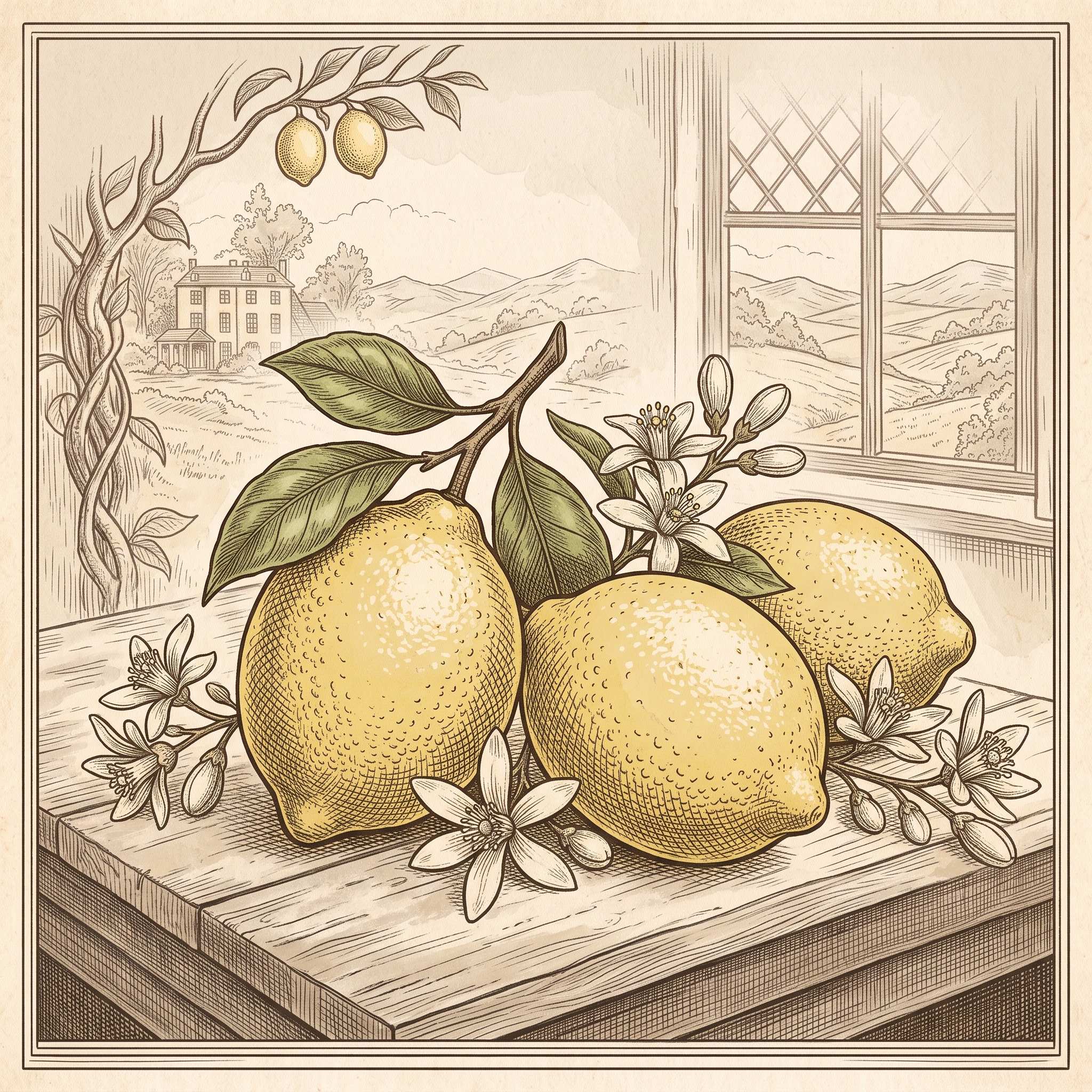 Ilustracion vintage de limones frescos para receta de crema de limon Lemonella